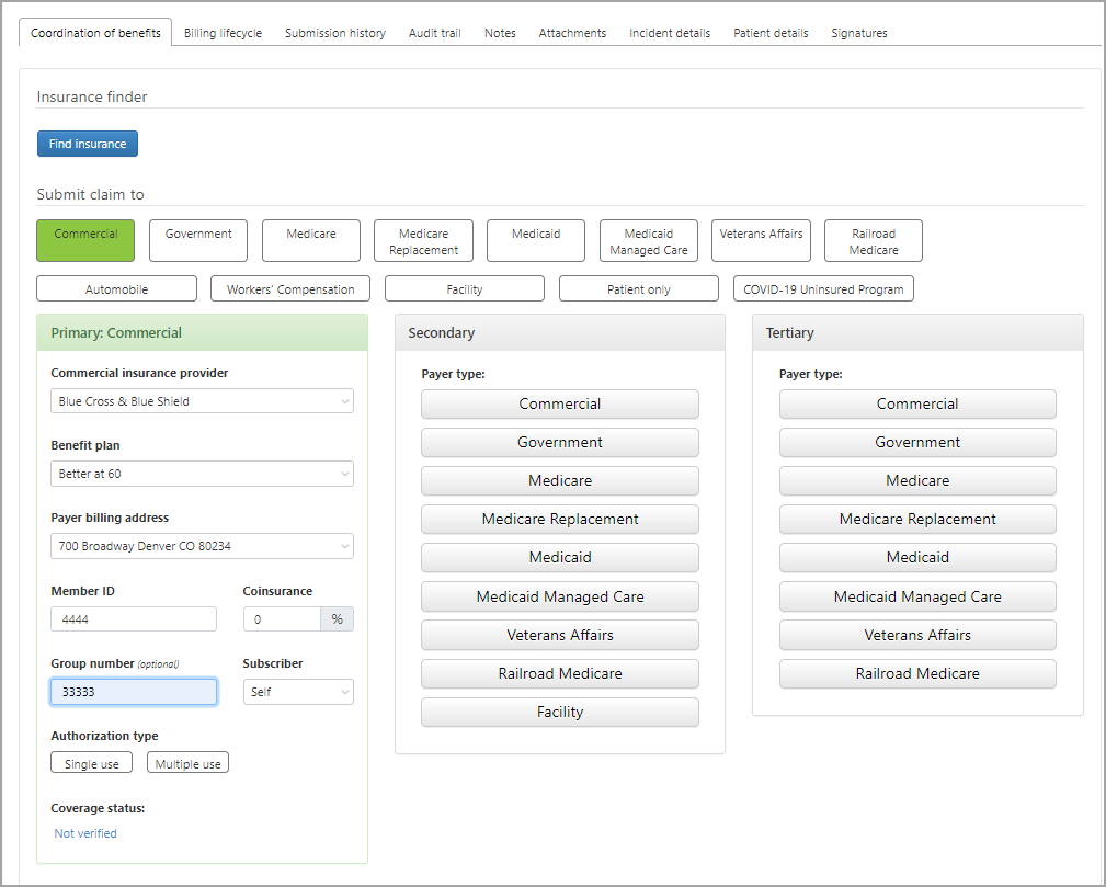 Insurance discovery on the Coordination of Benefits tab.